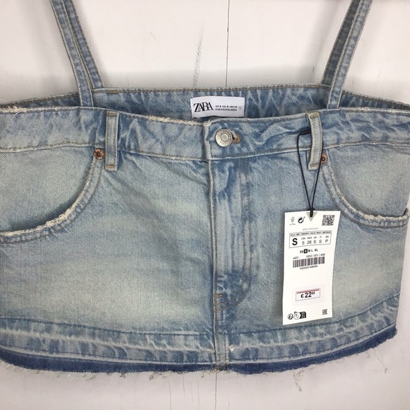 Zara denim up-cycled look raw hem spaghetti strap cotton cropped top Small NWT - Picture 3 of 7